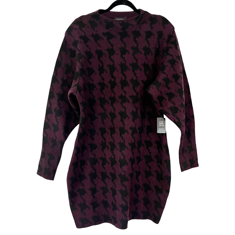Express Womens Sweater Dress XL Burgundy Houndstooth Long Sleeve Mock Neck